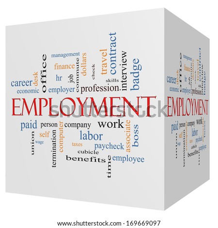 Employment 3D Cube Word Cloud Concept with great terms such as work, company, boss, job and more.