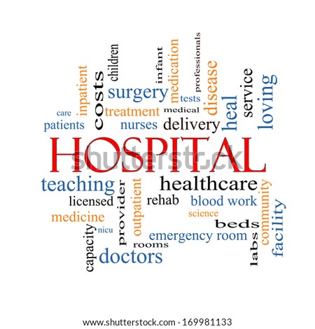 Hospital Word Cloud Concept with great terms such as doctors, nurses, heal, medicine and more.