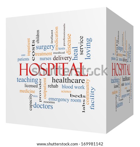 Hospital 3D cube Word Cloud Concept with great terms such as doctors, nurses, heal, medicine and more.