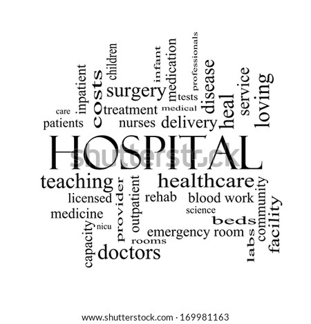 Hospital Word Cloud Concept in black and white with great terms such as doctors, nurses, heal, medicine and more.