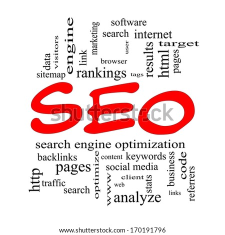 SEO Word Cloud Concept in red caps with great terms such as search, engine, optimization and more.