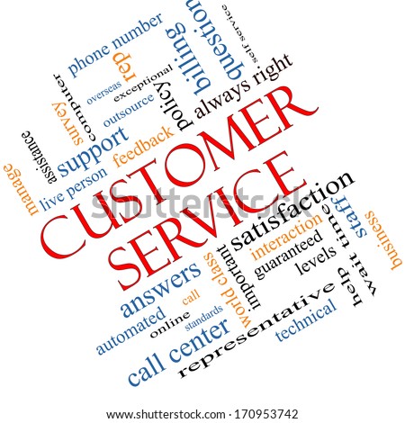 Customer Service Word Cloud Concept angled with great terms such as call center, help, staff, rep and more.