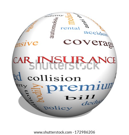 Car Insurance 3D Sphere Word Cloud Concept with great terms such as auto, claims, coverage, bill and more.