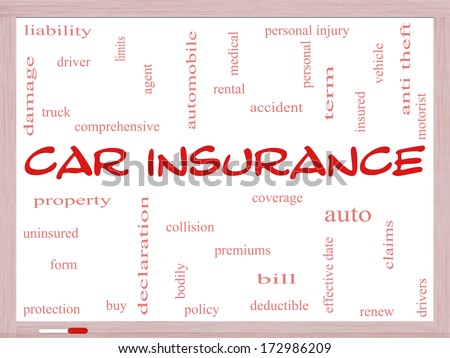 Car Insurance Word Cloud Concept on a Whiteboard with great terms such as auto, claims, coverage, bill and more.