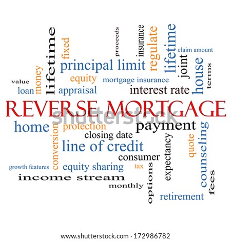 Reverse Mortgage Word Cloud Concept with great terms such as payment, equity, quote, fees and more.