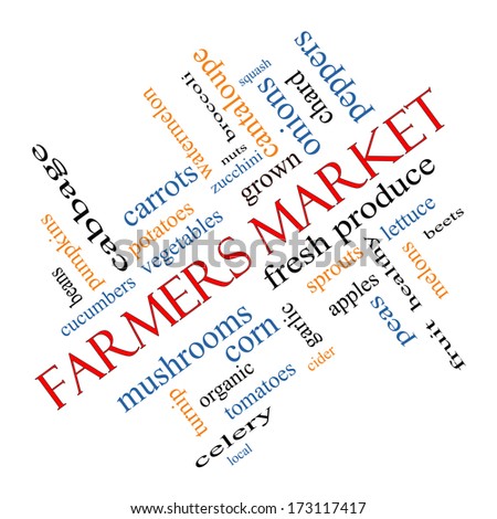 Farmers Market Word Cloud Concept angled with great terms such as fresh, produce, local and more.