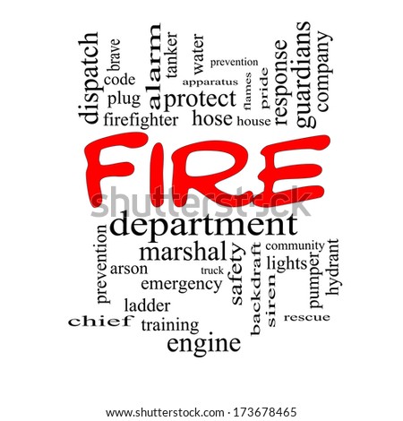 Fire Department Word Cloud Concept in red caps with great terms such as engine, truck, hose and more.