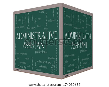 Administrative Assistant Word Cloud Concept on a 3D cube Blackboard with great terms such as professional, secretary, executive and more.