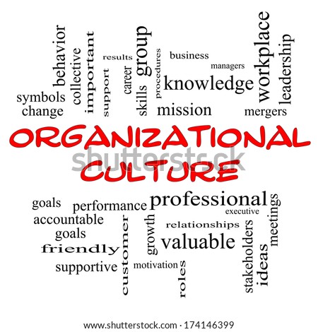 Organizational Culture Word Cloud Concept in red caps with great terms such as roles, executive, mergers, mission and more.