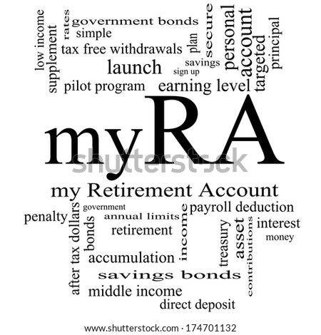 myRA Word Cloud Concept in black and white with great terms such as my retirement account, government and more.