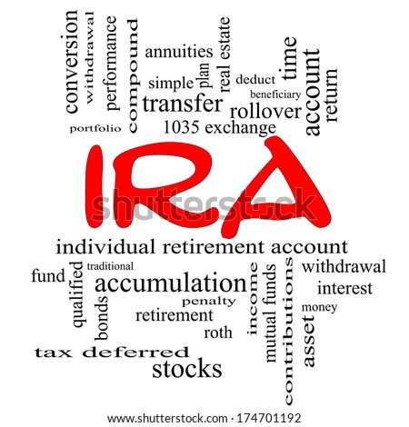 IRA Word Cloud Concept in red caps with great terms such as individual, retirement, account, plan and more.