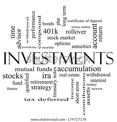 Investments Word Cloud Concept in black and white with great terms such as mutual funds, stocks, options and more.
