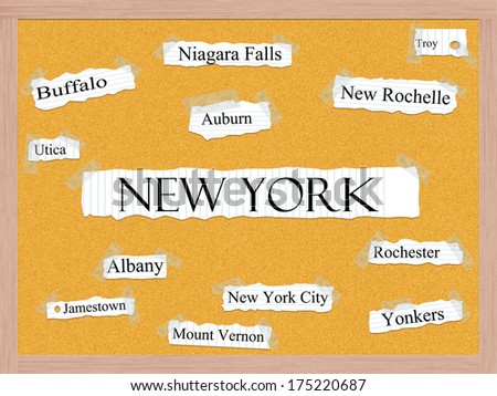 New York State Corkboard Word Concept with cities in the state listed such as New York City, Albany, Buffalo and more.