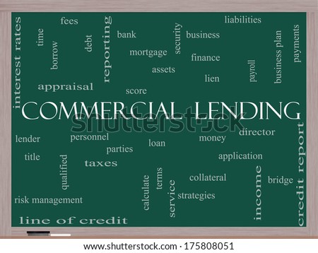 Commercial Lending Word Cloud Concept on a Blackboard with great terms such as loan, fees, business plan and more.