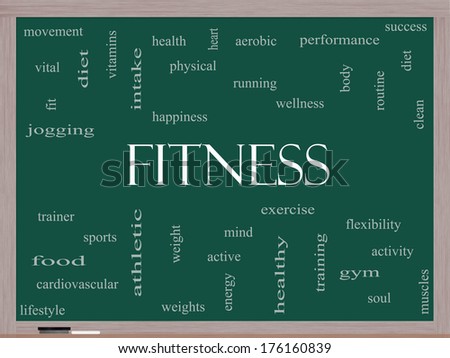 Fitness Word Cloud Concept on a Blackboard with great terms such as wellness, exercise, gym and more.