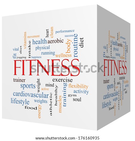 Fitness 3D cube Word Cloud Concept with great terms such as wellness, exercise, gym and more.