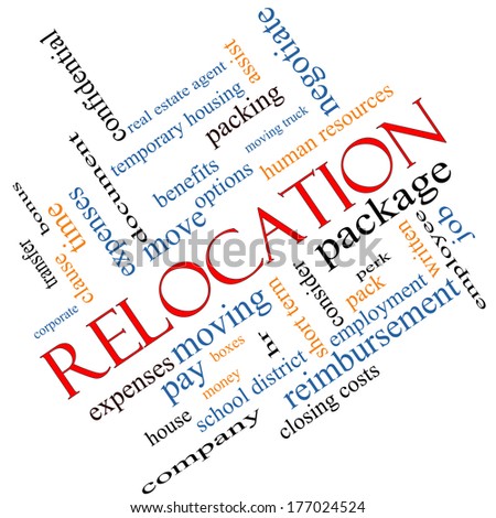 Relocation Word Cloud Concept angled with great terms such as package, moving, expenses and more.