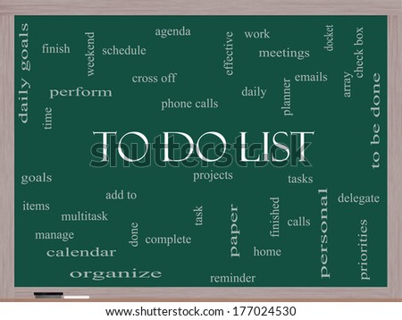 To Do List Word Cloud Concept on a Blackboard with great terms such as tasks, projects, check box and more.