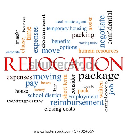 Relocation Word Cloud Concept with great terms such as package, moving, expenses and more.