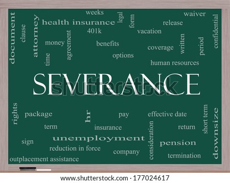 Severance Word Cloud Concept on a Blackboard with great terms such as pay, package, hr, benefits and more.
