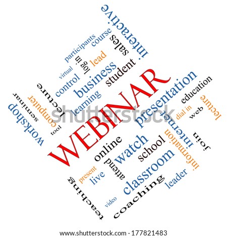 Webinar Word Cloud Concept angled with great terms such as course, watch, online and more.