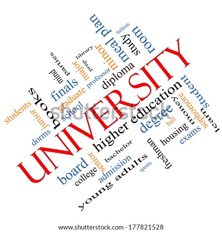 University Word Cloud Concept angled with great terms such as tuition, study, student, major and more.