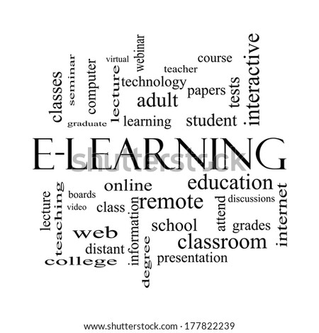 E-Learning Word Cloud Concept in black and white with great terms such as classes, online, eductiona and more.