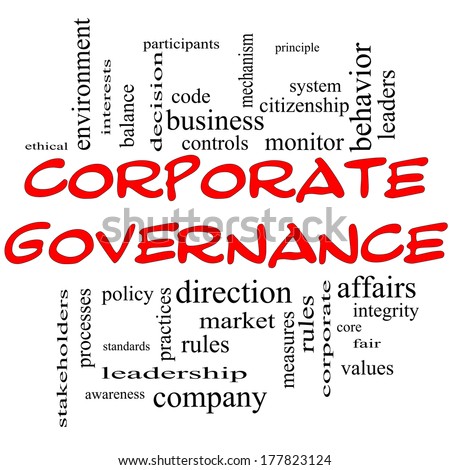 Corporate Governance Word Cloud Concept in red caps with great terms such as code, company, rules and more.