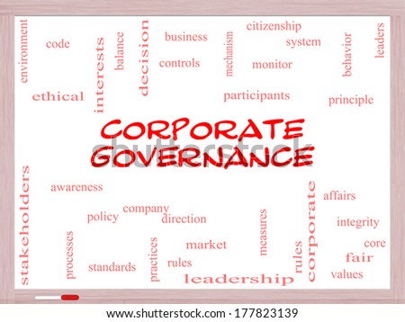 Corporate Governance Word Cloud Concept on a Whiteboard with great terms such as code, company, rules and more.