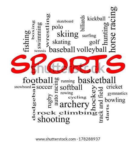 Sports Word Cloud Concept in red caps with great terms such as football, baseball, basketball and more.