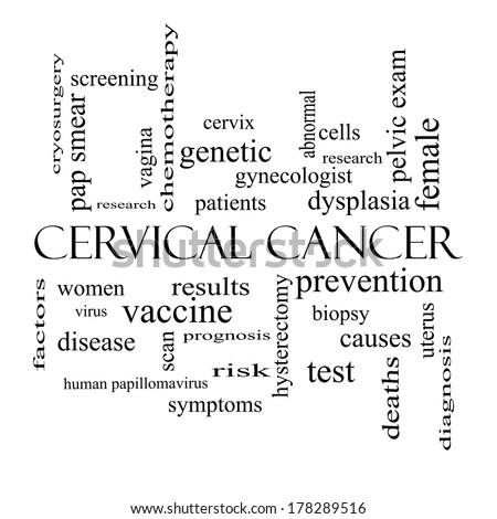 Cervical Cancer Word Cloud Concept in black and white with great terms such as prevention, women, virus and more.