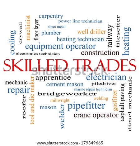 Skilled Trades Word Cloud Concept with great terms such as plumber, welding, mason and more.
