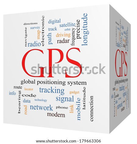 GPS 3D cube Word Cloud Concept with great terms such as global, positioning, system and more.