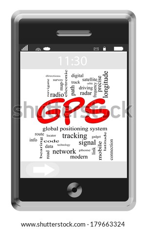 GPS Word Cloud Concept of Touchscreen Phone with great terms such as global, tracking, system and more.