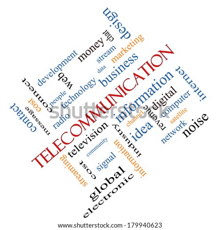 Telecommunication Word Cloud Concept angled with great terms such as stream, network, satellite and more.