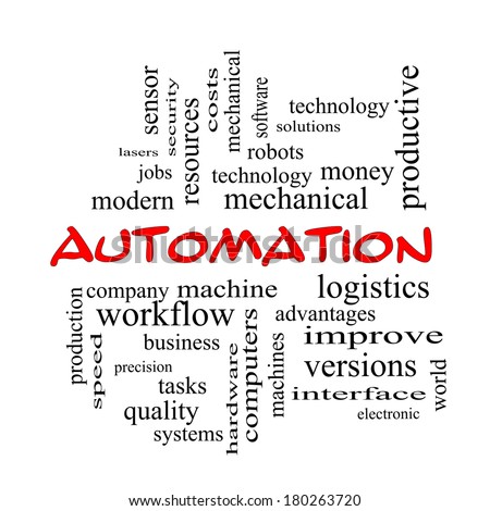 Automation Word Cloud Concept in red caps with great terms such as robots, machine, logistics and more.