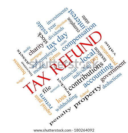 Tax Refund Word Cloud Concept angled with great terms such as income, file, money and more.