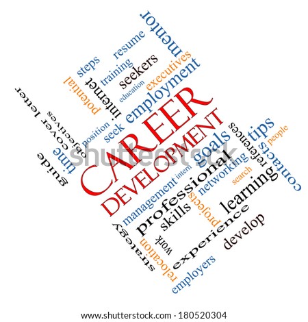 Career Development Word Cloud Concept angled with great terms such as goals, resume, mentor and more.