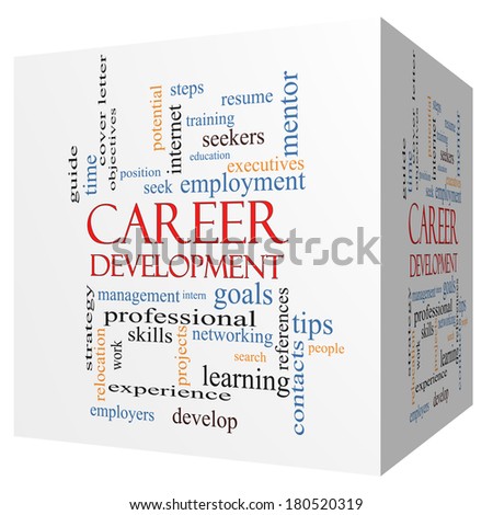 Career Development 3D cube Word Cloud Concept with great terms such as goals, resume, mentor and more.