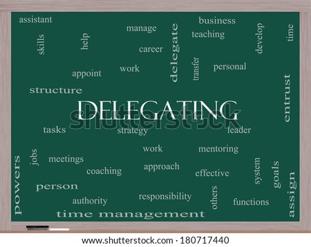 Delegating Word Cloud Concept on a Blackboard with great terms such as work, tasks, jobs and more.
