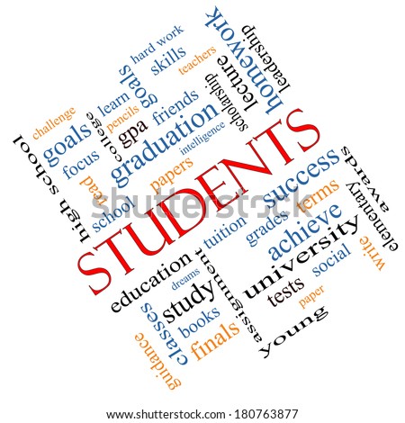 Students Word Cloud Concept angled with great terms such as education, learn, goals and more.