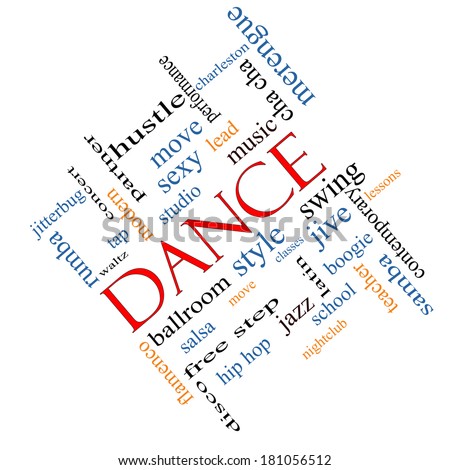 Dance Word Cloud Concept angled with great terms such as music, classes, ballroom and more.