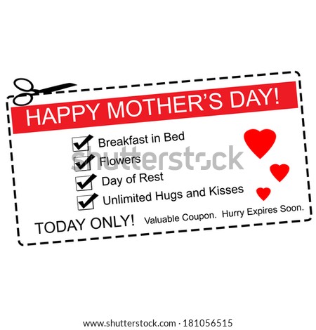 A red, white and black Happy Mother\'s Day Coupon making a great concept with terms such as breakfast in bed, hugs, kisses and more.