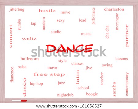 Dance Word Cloud Concept on a Whiteboard with great terms such as music, classes, ballroom and more.
