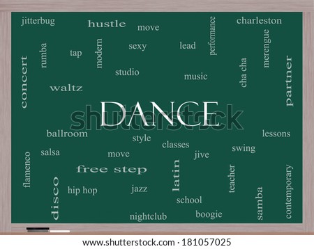 Dance Word Cloud Concept on a Blackboard with great terms such as music, classes, ballroom and more.