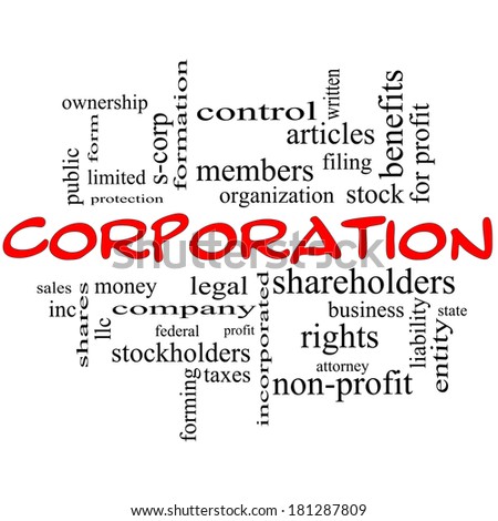 Corporation Word Cloud Concept in red caps with great terms such as shareholders, legal, entity and more.
