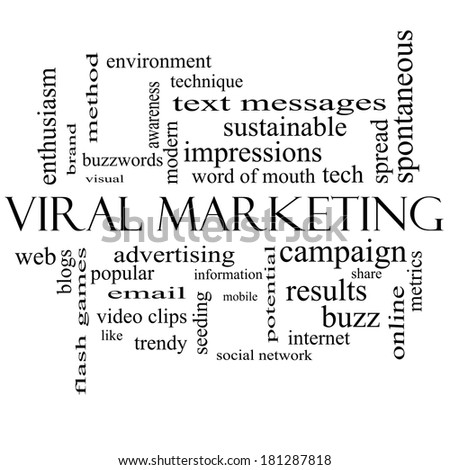 Viral Marketing Word Cloud Concept in black and white with great terms such as buzz, trendy, advertising and more.