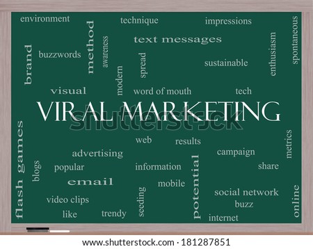 Viral Marketing Word Cloud Concept on a Blackboard with great terms such as buzz, trendy, advertising and more.