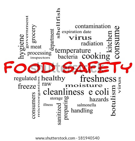 Food Safety Word Cloud Concept in red caps with great terms such as hazards, e coli, cooking and more.