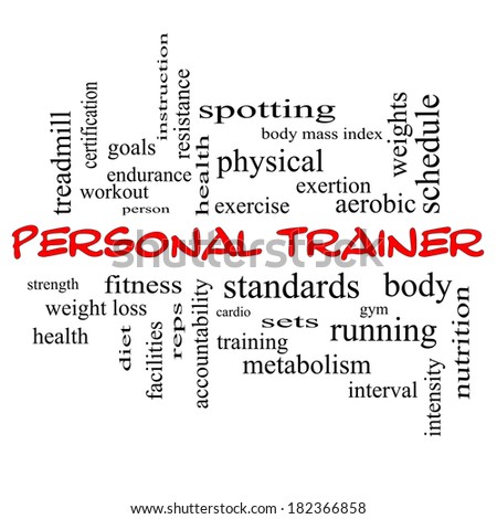 Personal Trainer Word Cloud Concept in red caps with great terms such as fitness, exercise, aerobic and more.